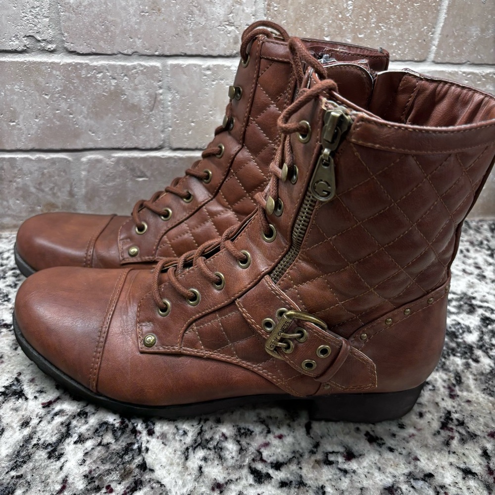 G by Guess Quilted Brown Studded Lace Up Biker Combat Boots, grunge